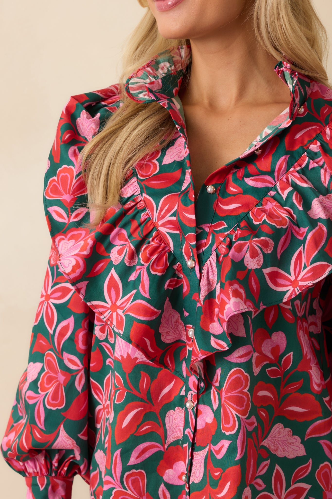 Prosperina Sterling Green & Pink Cotton Floral Print Ruffle Top