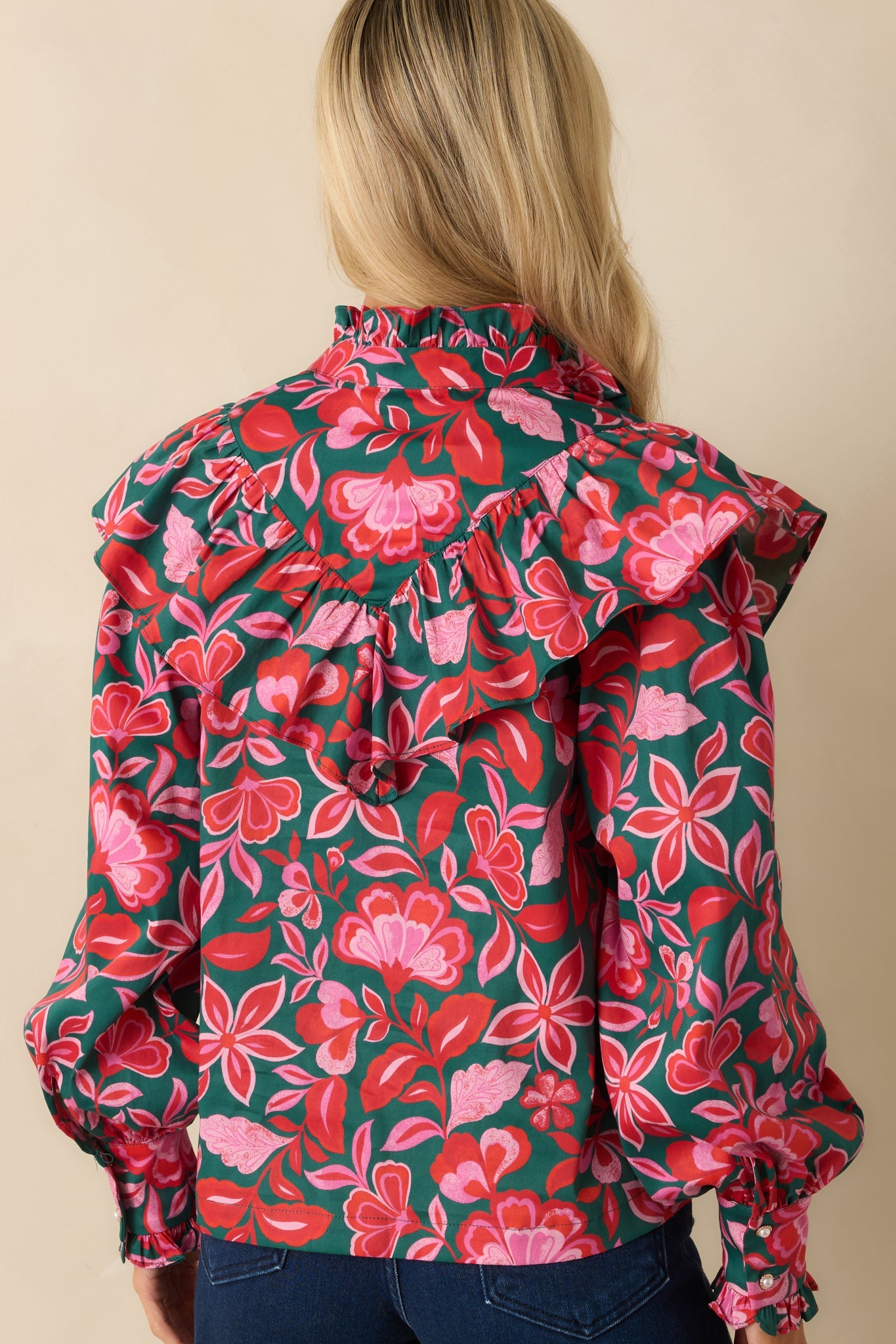 Prosperina Sterling Green & Pink Cotton Floral Print Ruffle Top