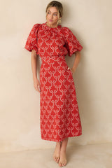 Prosperina Campbell Red Cotton Bow Print Puff Sleeve Tie Back Blouse