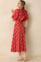 Prosperina Campbell Red Cotton Bow Print Puff Sleeve Tie Back Blouse