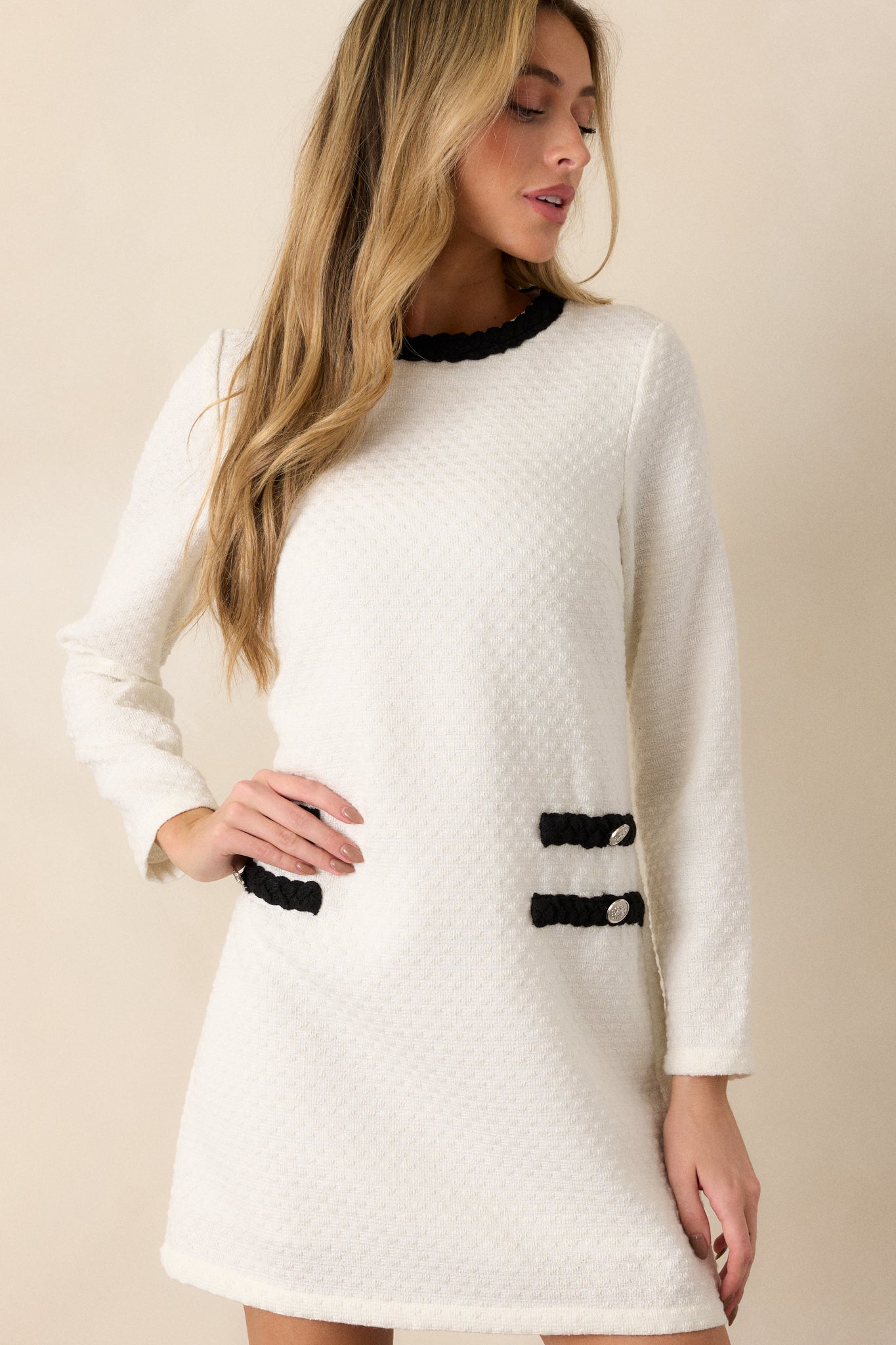 This & That Ivory Tweed Long Sleeve Mini Dress
