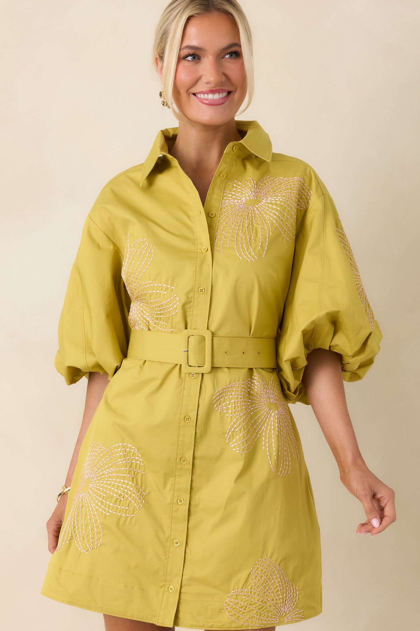 Fresh With Flair Chartreuse Green & Pink Contrast Embroidered Cotton Mini Dress