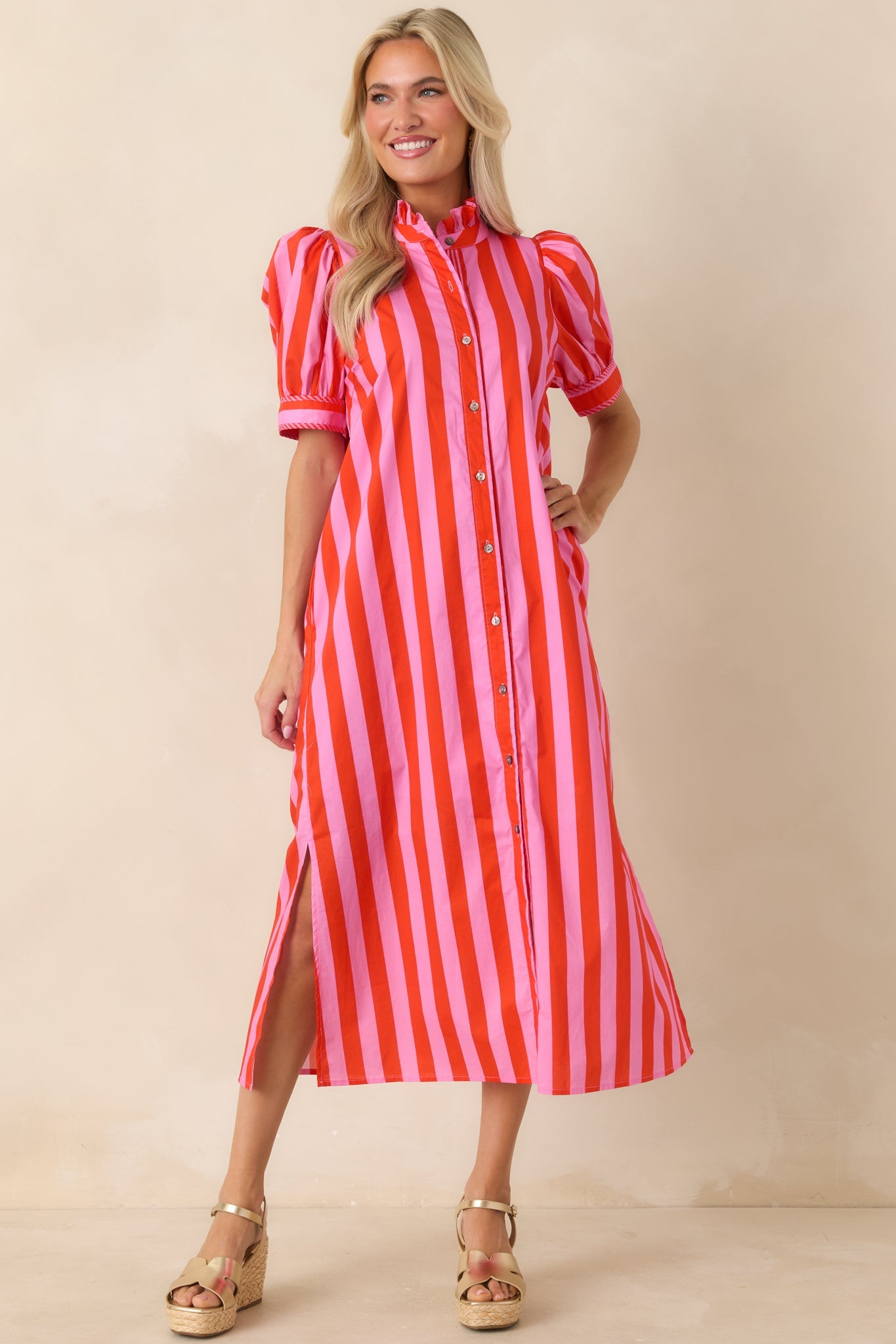 She's Electric Pink & Red Stripe Cotton Puff Sleeve Midi Dress