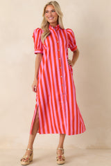 She's Electric Pink & Red Stripe Cotton Puff Sleeve Midi Dress