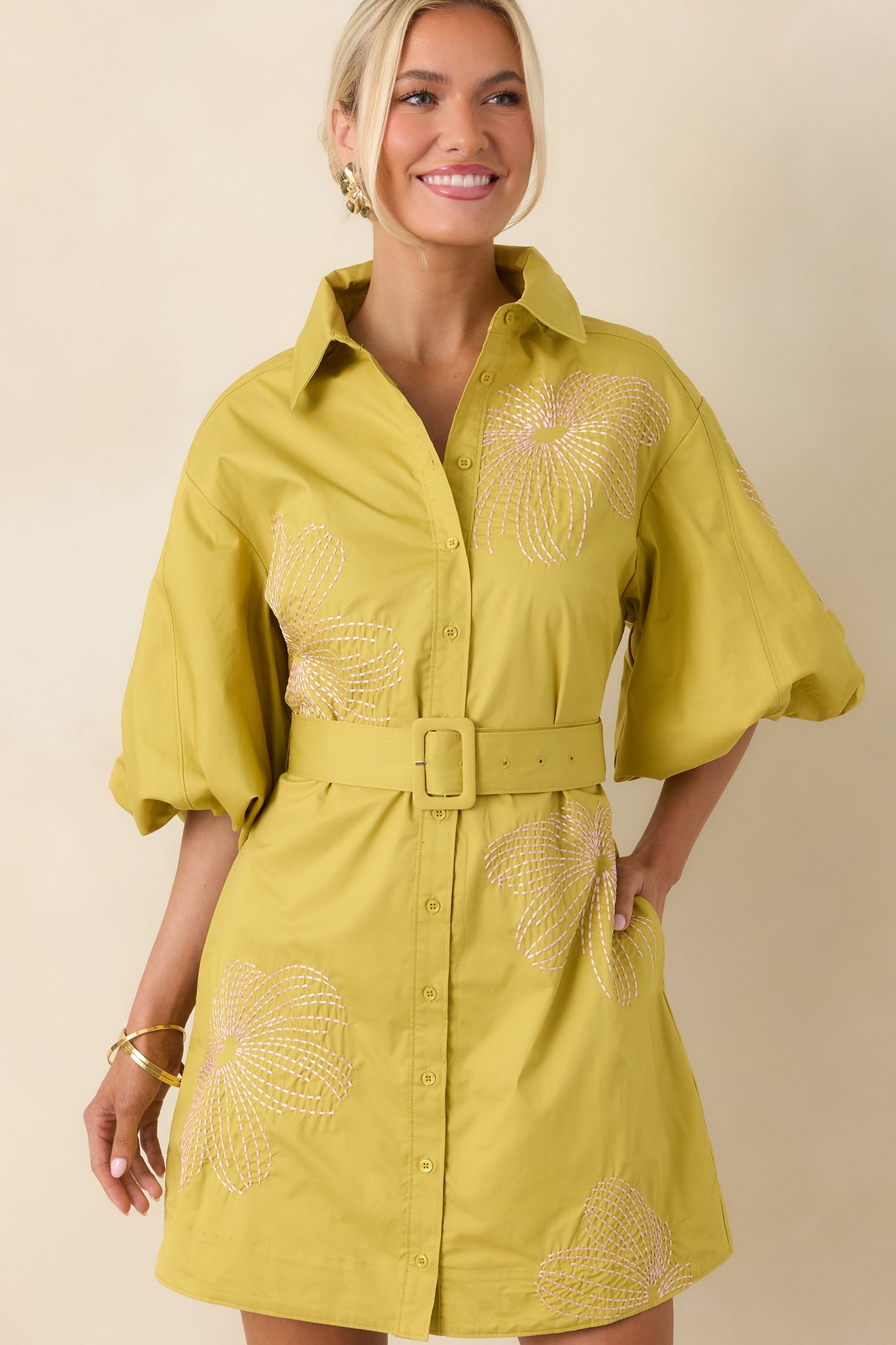 Fresh With Flair Chartreuse Green & Pink Contrast Embroidered Cotton Mini Dress