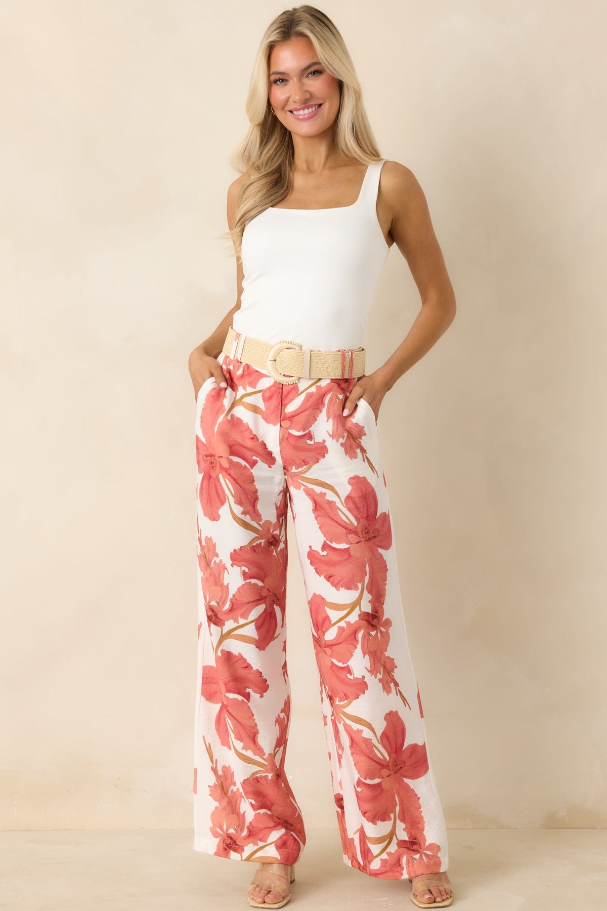 MINKPINK Isla Peach Hibiscus Wide Leg Pants