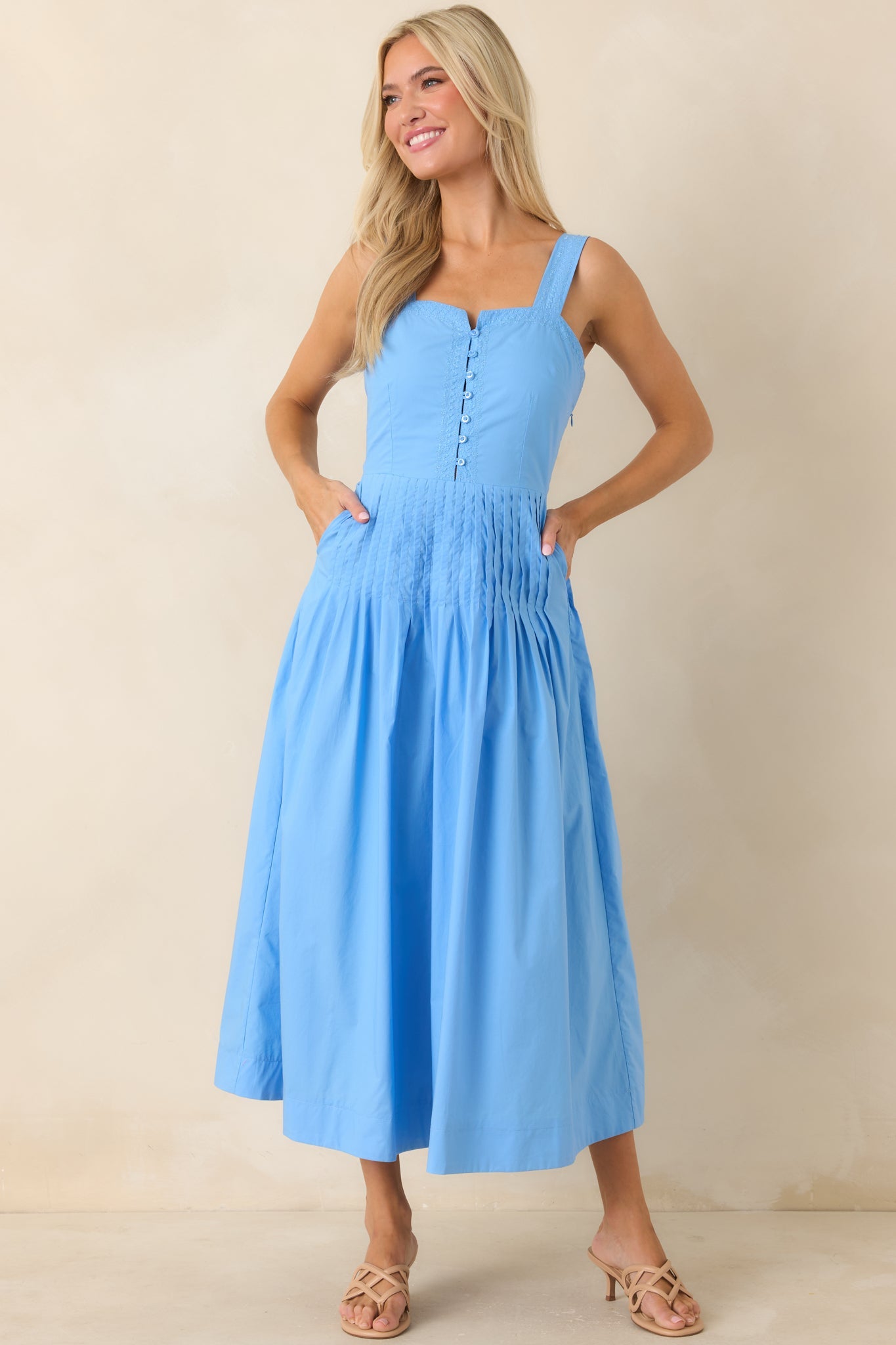 Sunny Stroll Light Blue Cotton Pleated Midi Dress