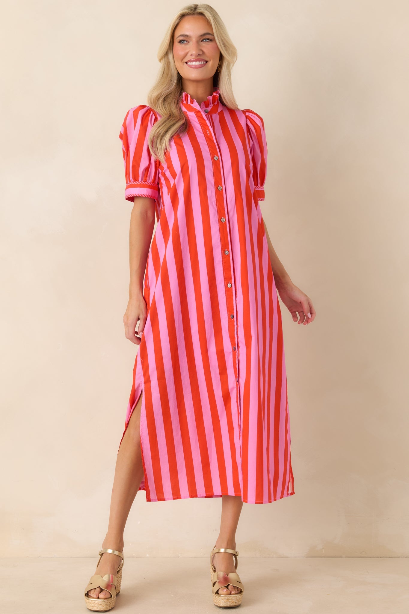 She's Electric Pink & Red Stripe Cotton Puff Sleeve Midi Dress