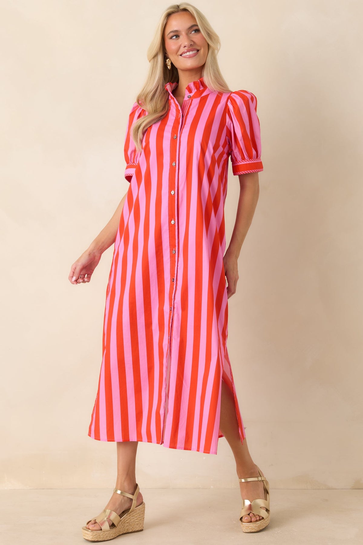 She's Electric Pink & Red Stripe Cotton Puff Sleeve Midi Dress