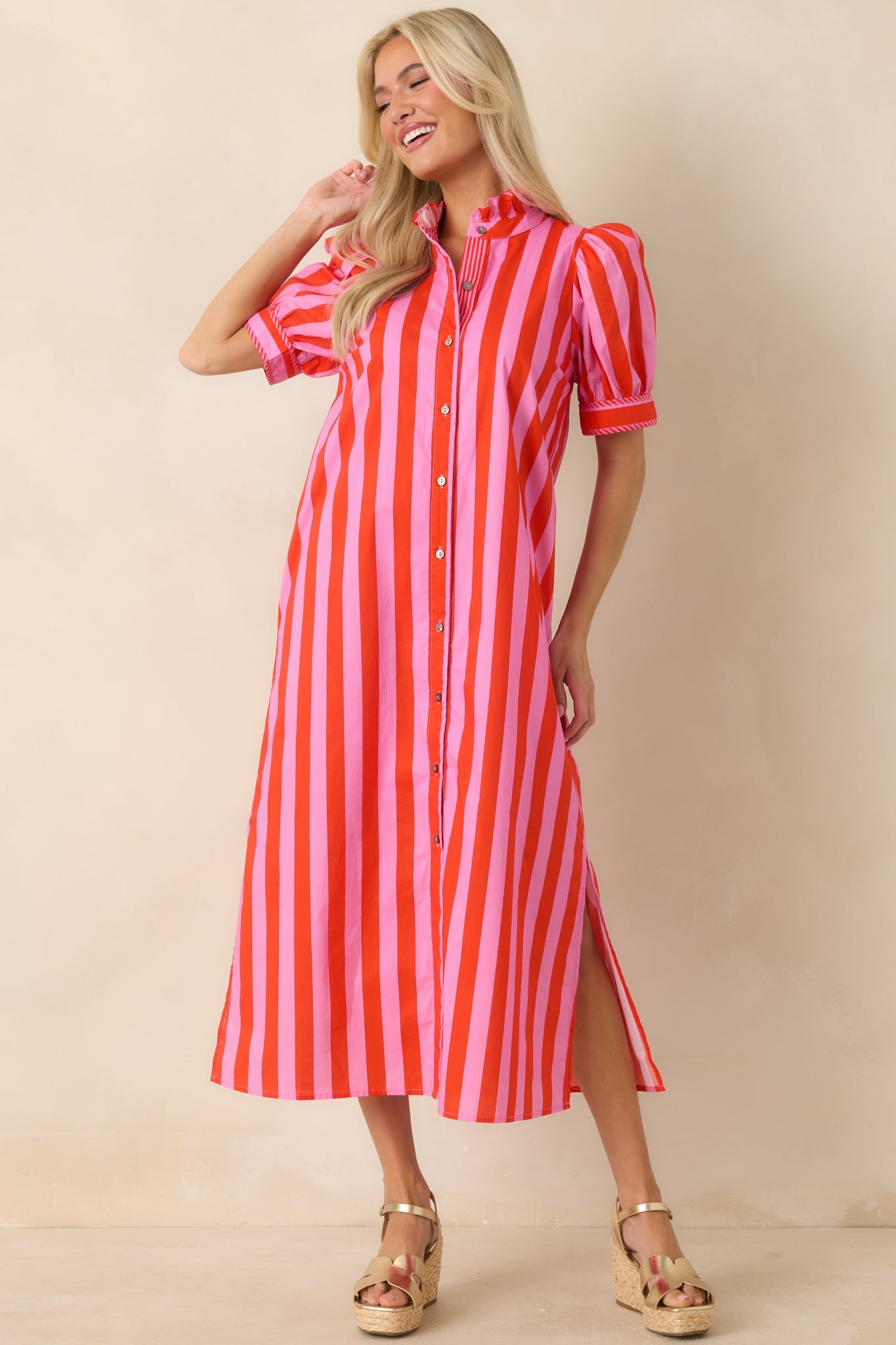 She's Electric Pink & Red Stripe Cotton Puff Sleeve Midi Dress