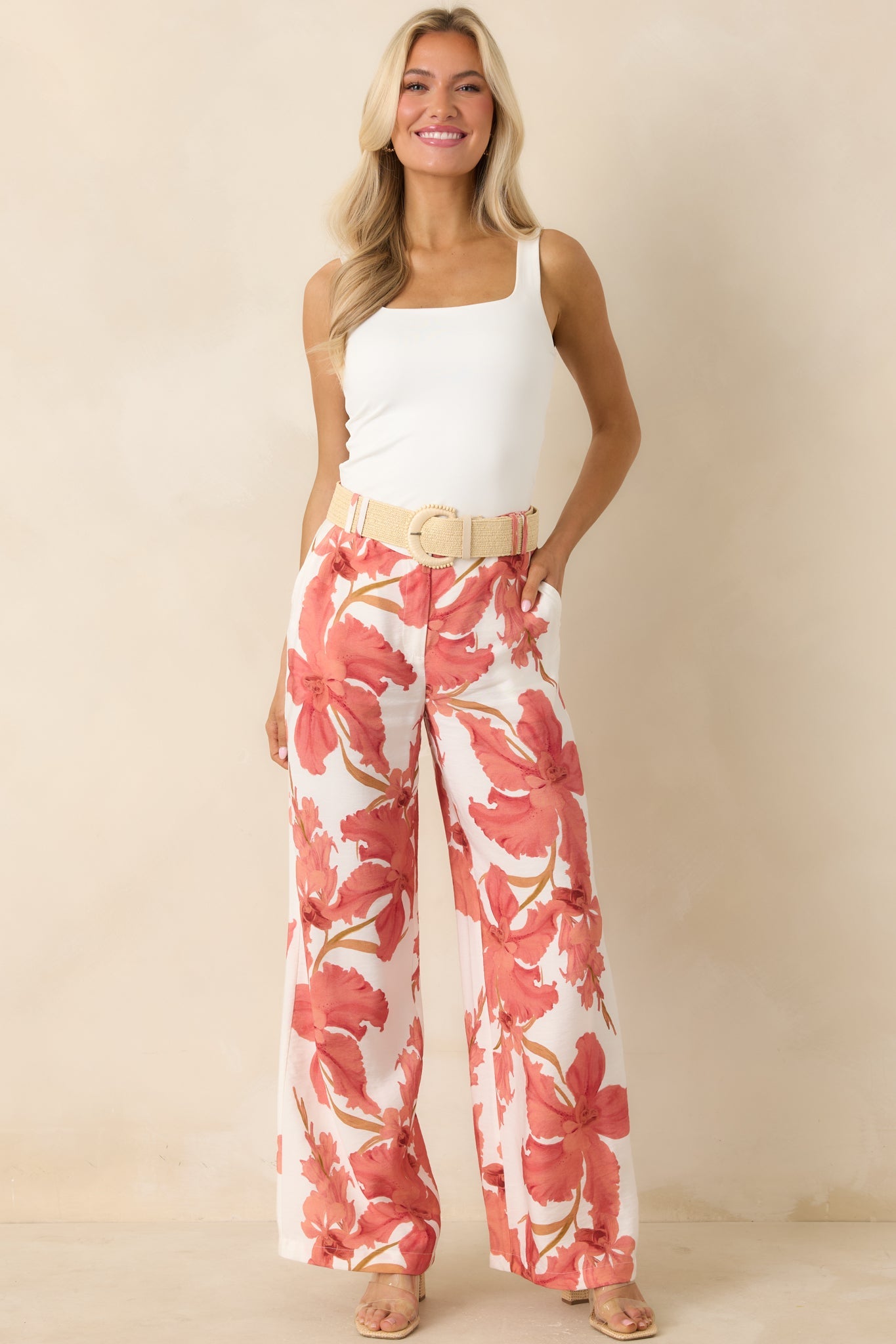 MINKPINK Isla Peach Hibiscus Wide Leg Pants
