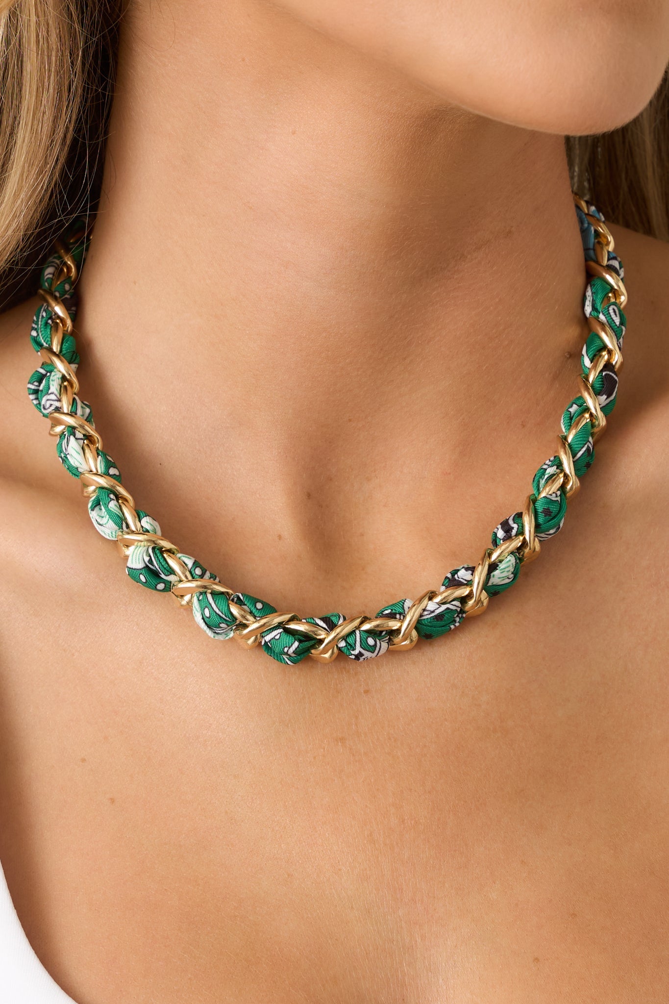 Heiress Luxe Green Multi Scarf-Woven Gold Chain Necklace