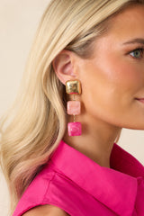 Catch the Sunset Pink & Gold Tiered Square Drop Earrings