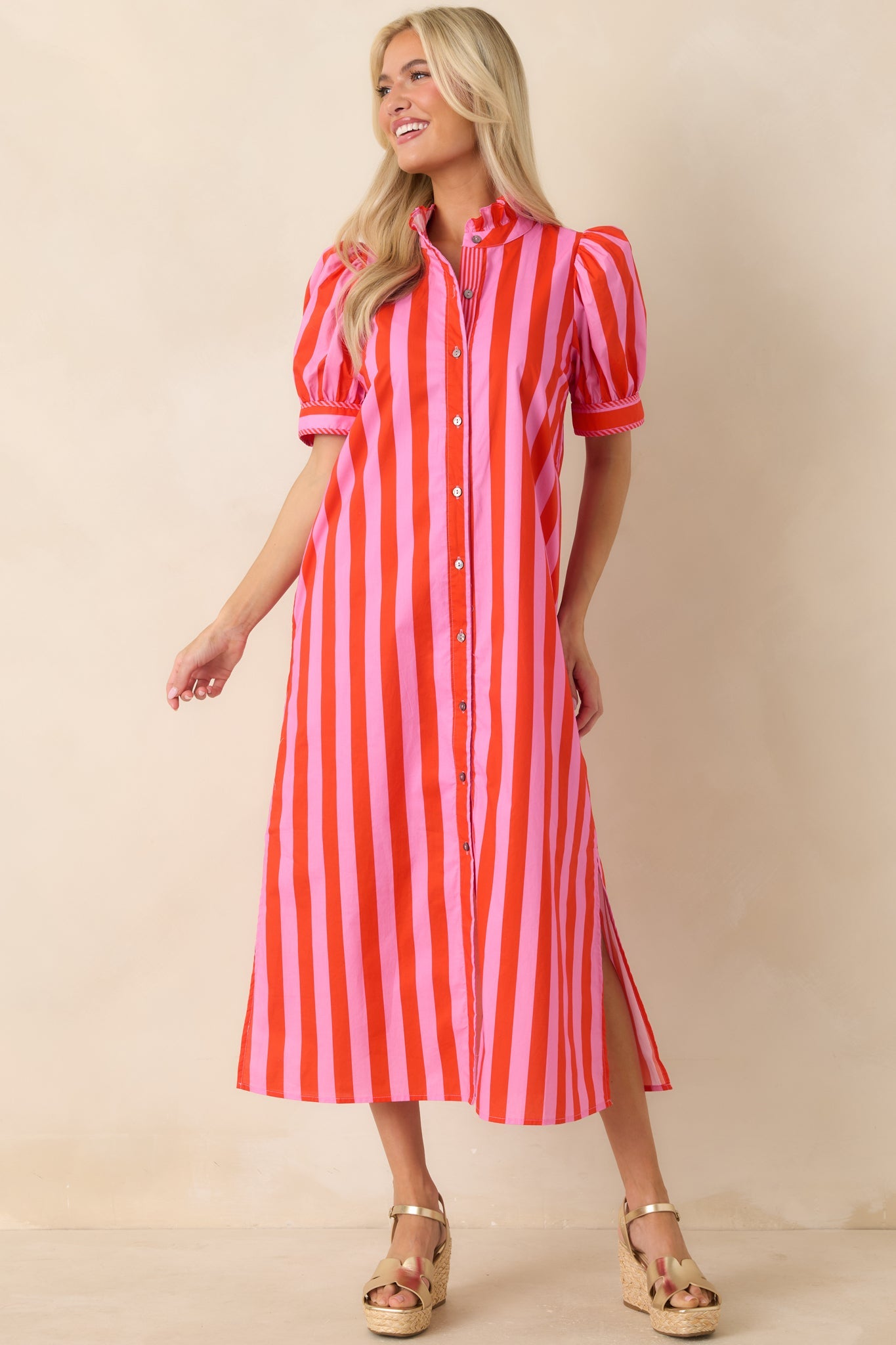 She's Electric Pink & Red Stripe Cotton Puff Sleeve Midi Dress