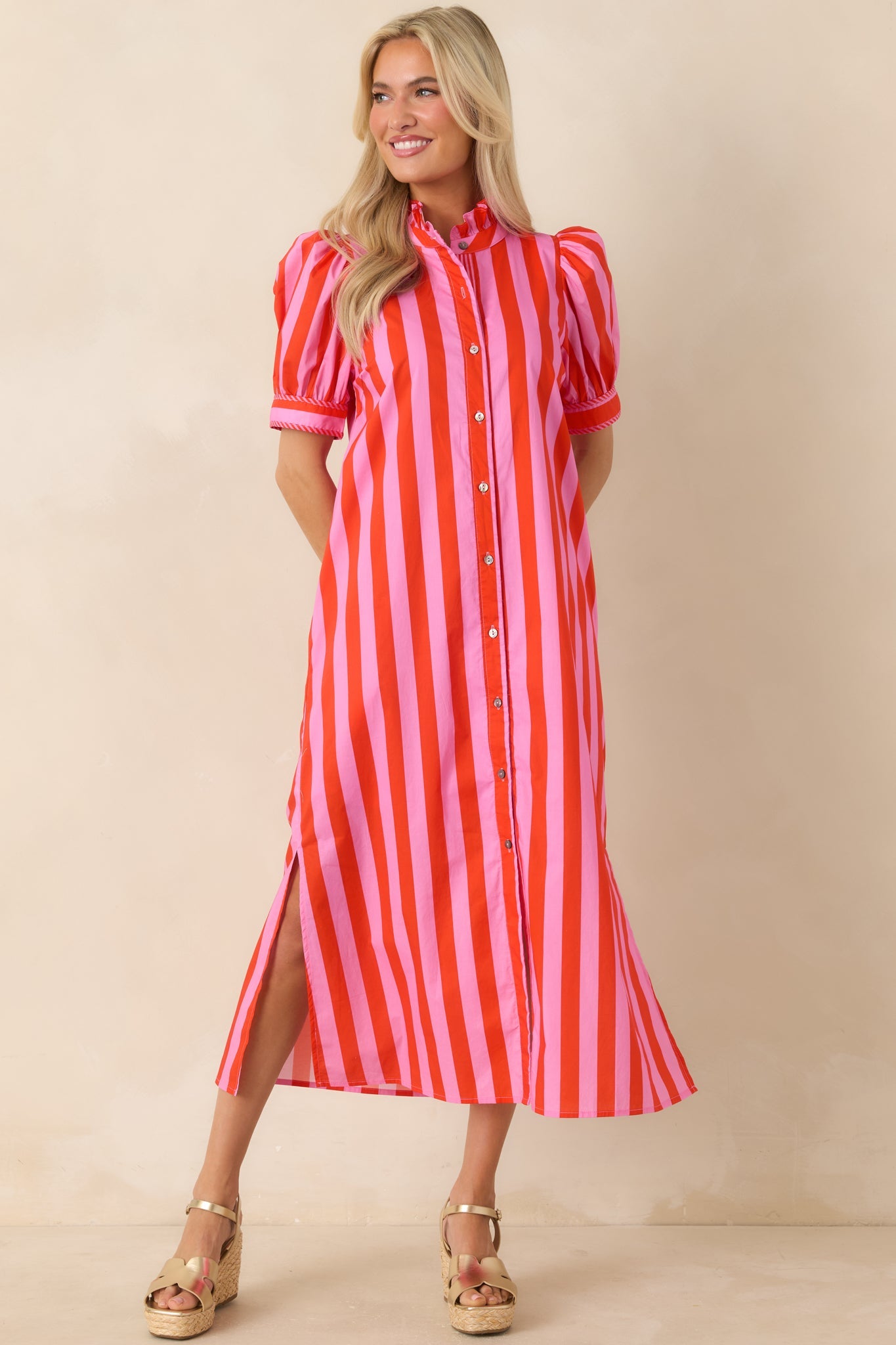 She's Electric Pink & Red Stripe Cotton Puff Sleeve Midi Dress