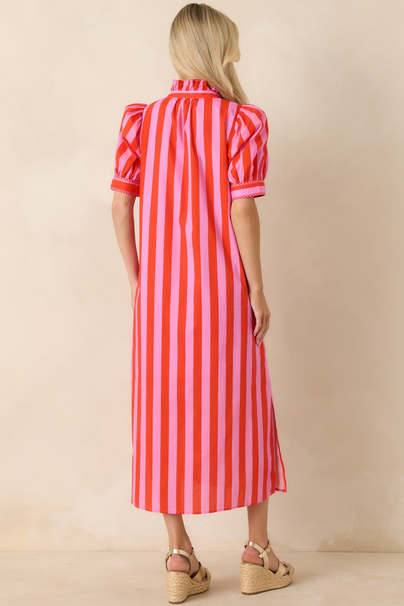 She's Electric Pink & Red Stripe Cotton Puff Sleeve Midi Dress
