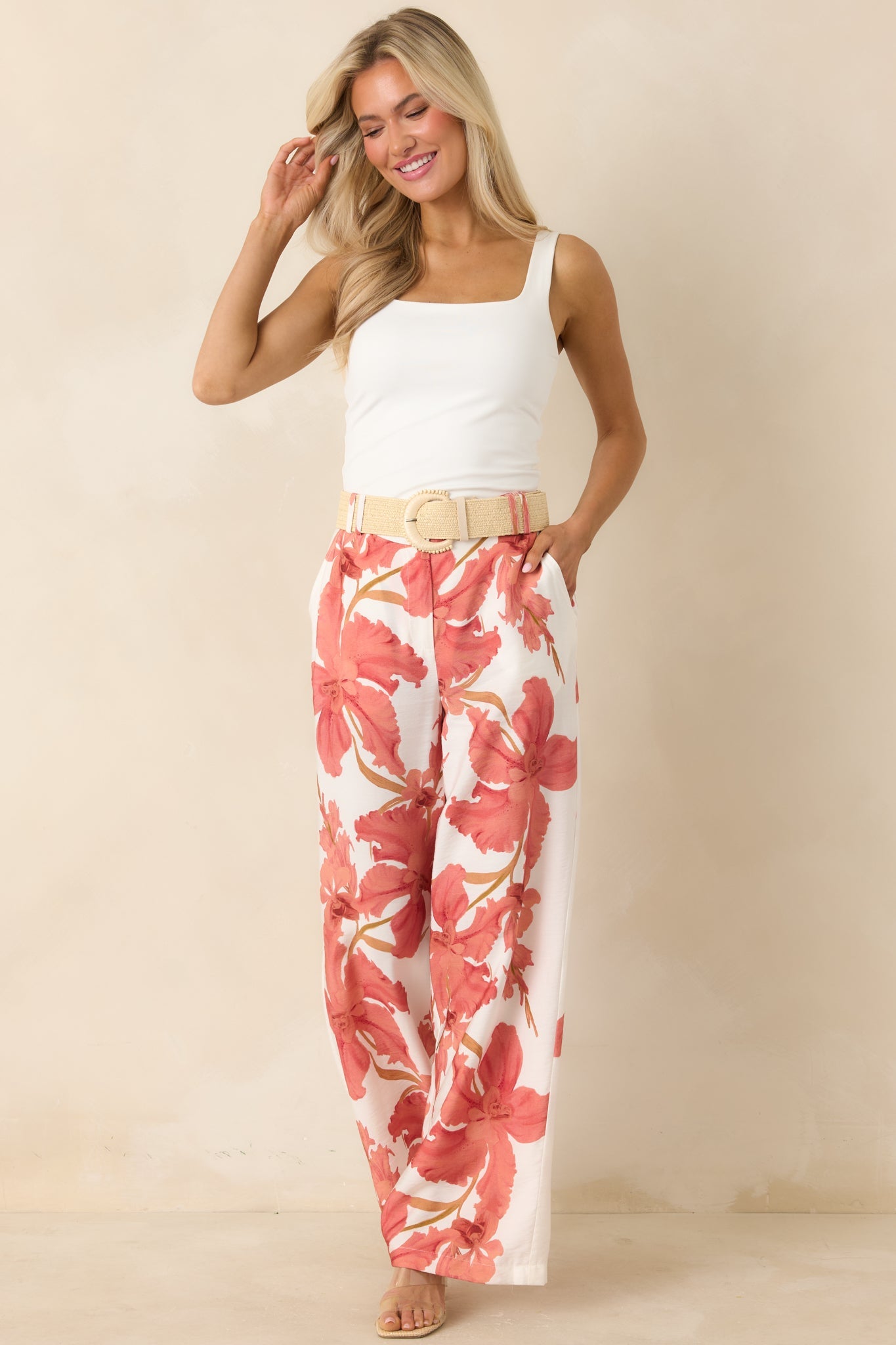 MINKPINK Isla Peach Hibiscus Wide Leg Pants