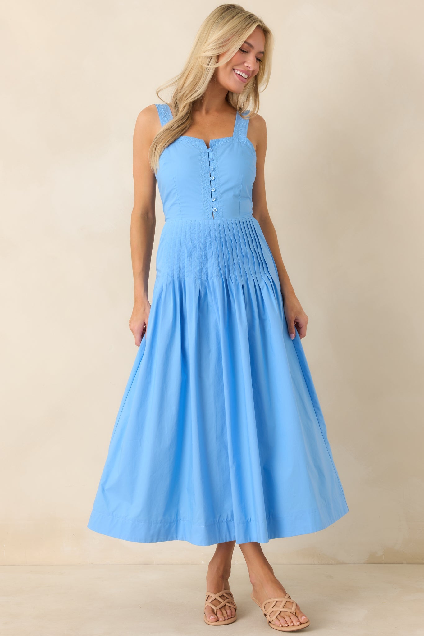 Sunny Stroll Light Blue Cotton Pleated Midi Dress