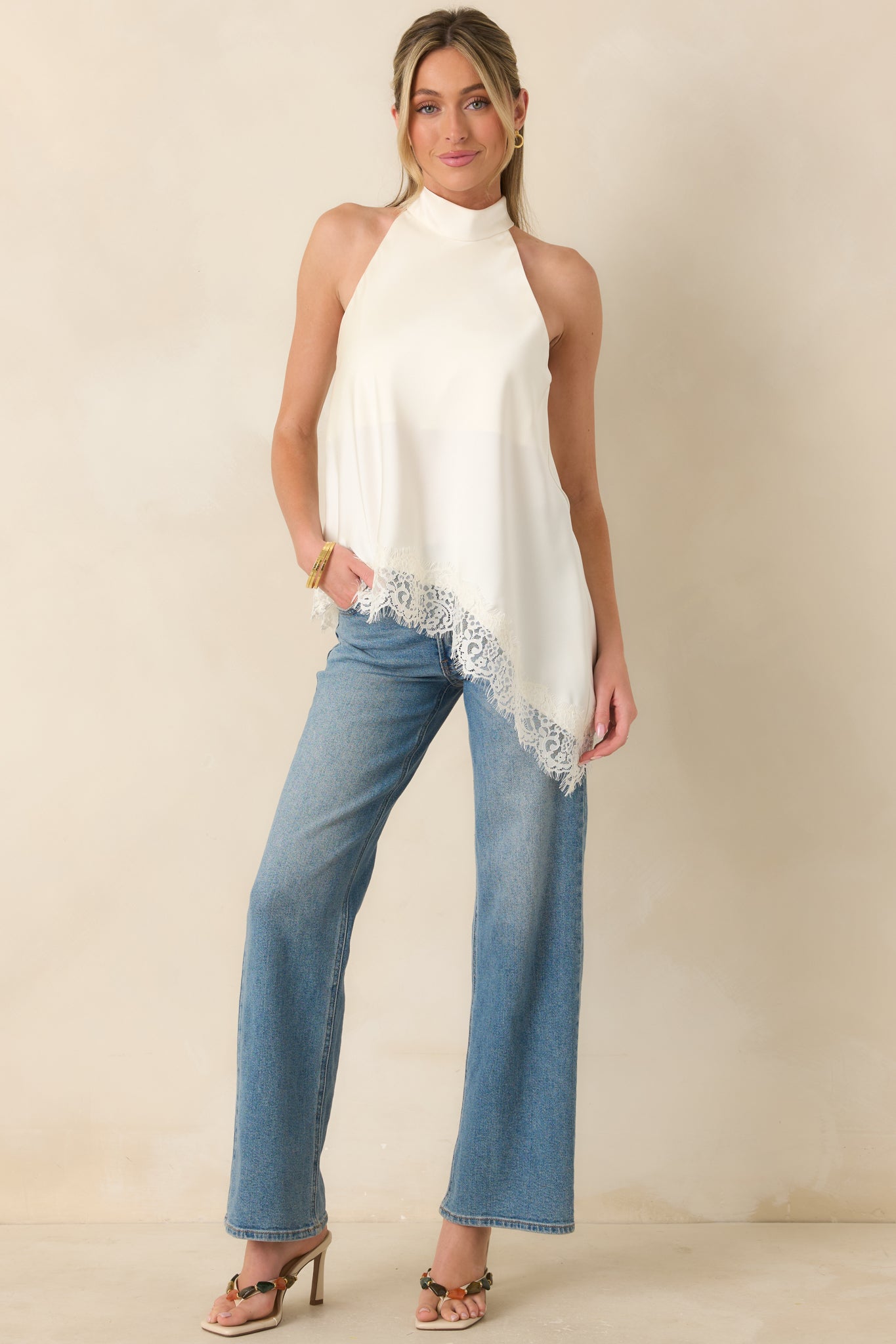 Softly Sophisticated Ivory Lace Asymmetric Halter Top