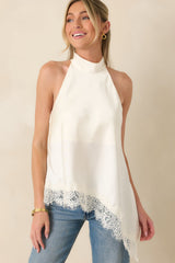 Softly Sophisticated Ivory Lace Asymmetric Halter Top