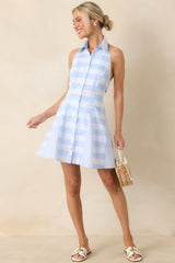 Porch Swing Pretty Light Blue & White Gingham Halter Mini Dress