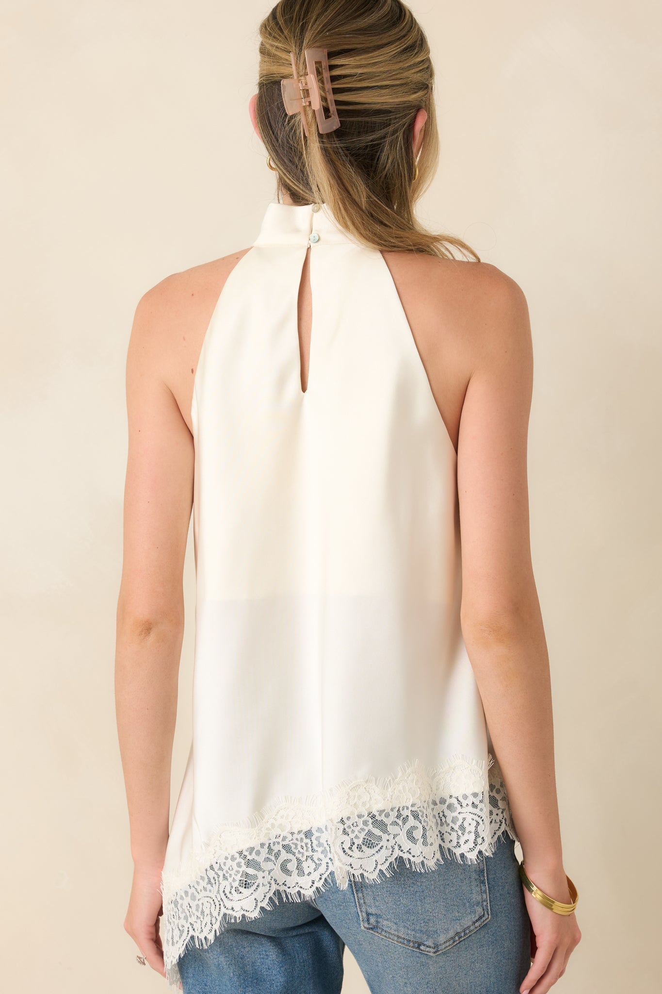 Softly Sophisticated Ivory Lace Asymmetric Halter Top