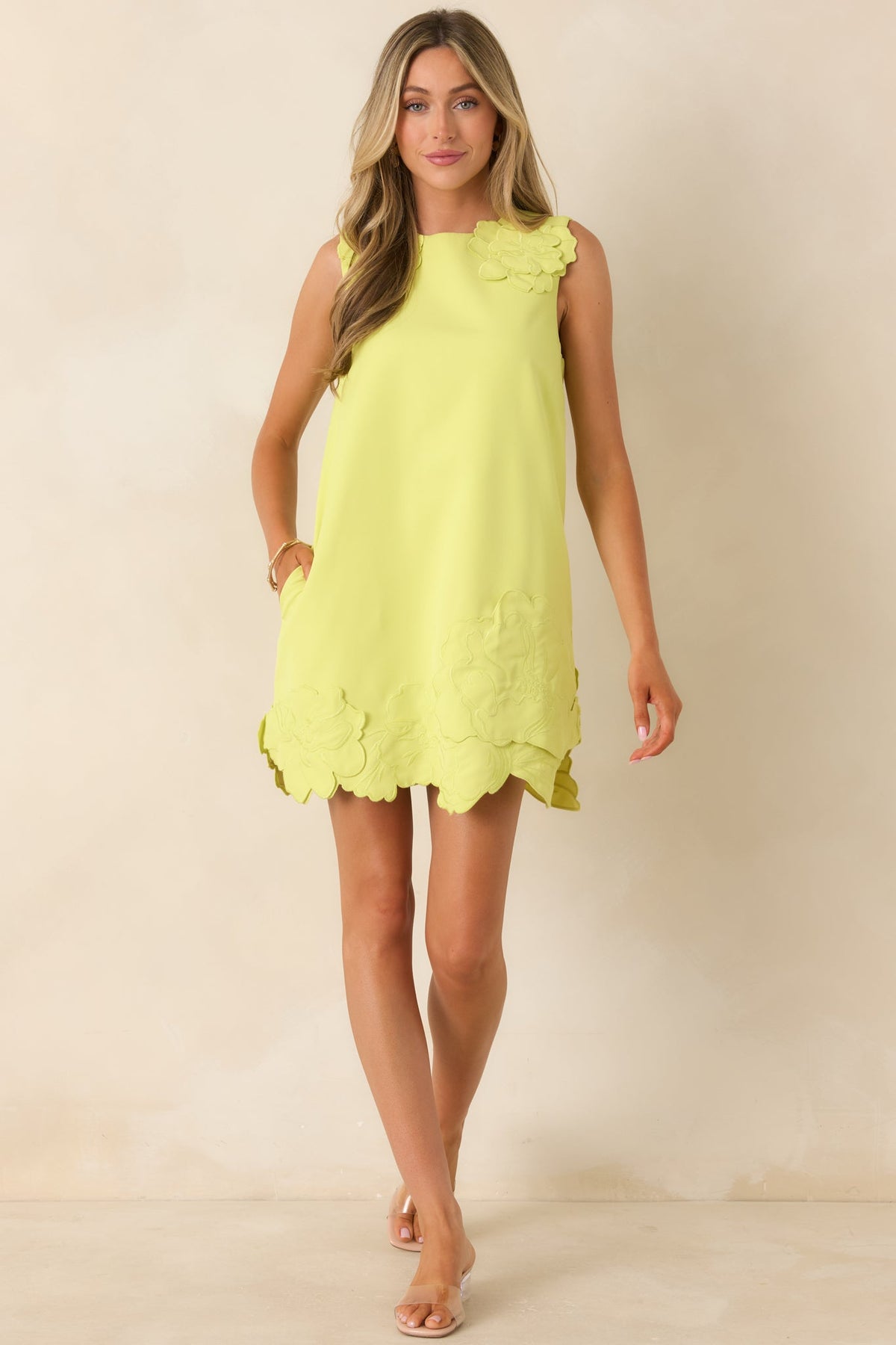 Petals in Passing Chartreuse Floral Appliqué Shift Mini Dress