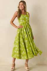 Fresh Air & Flowers Chartreuse Floral Cotton Midi Dress