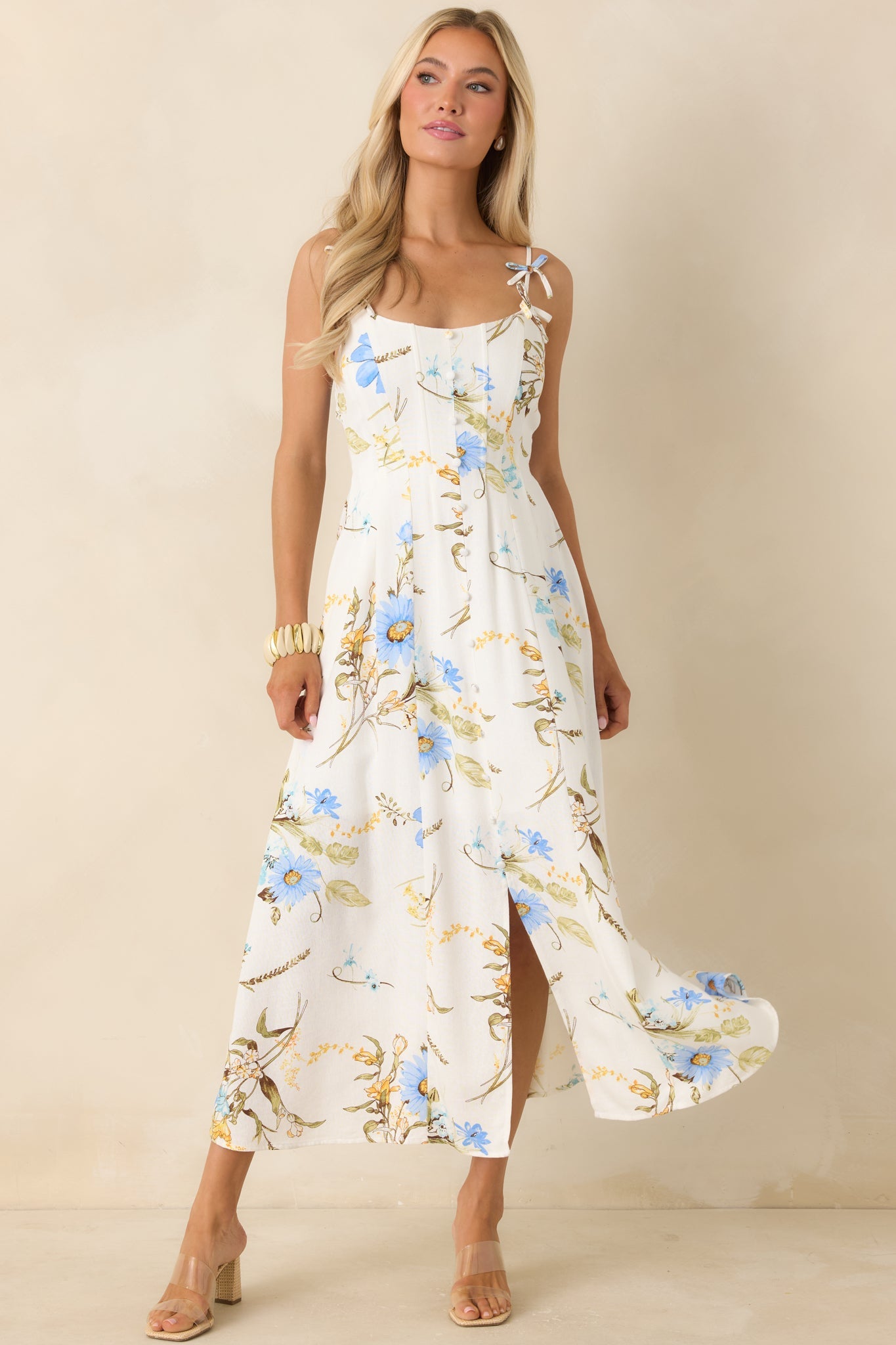 A Dash of Sunshine White Multi Floral Print Bow Accent Strap Midi Dress