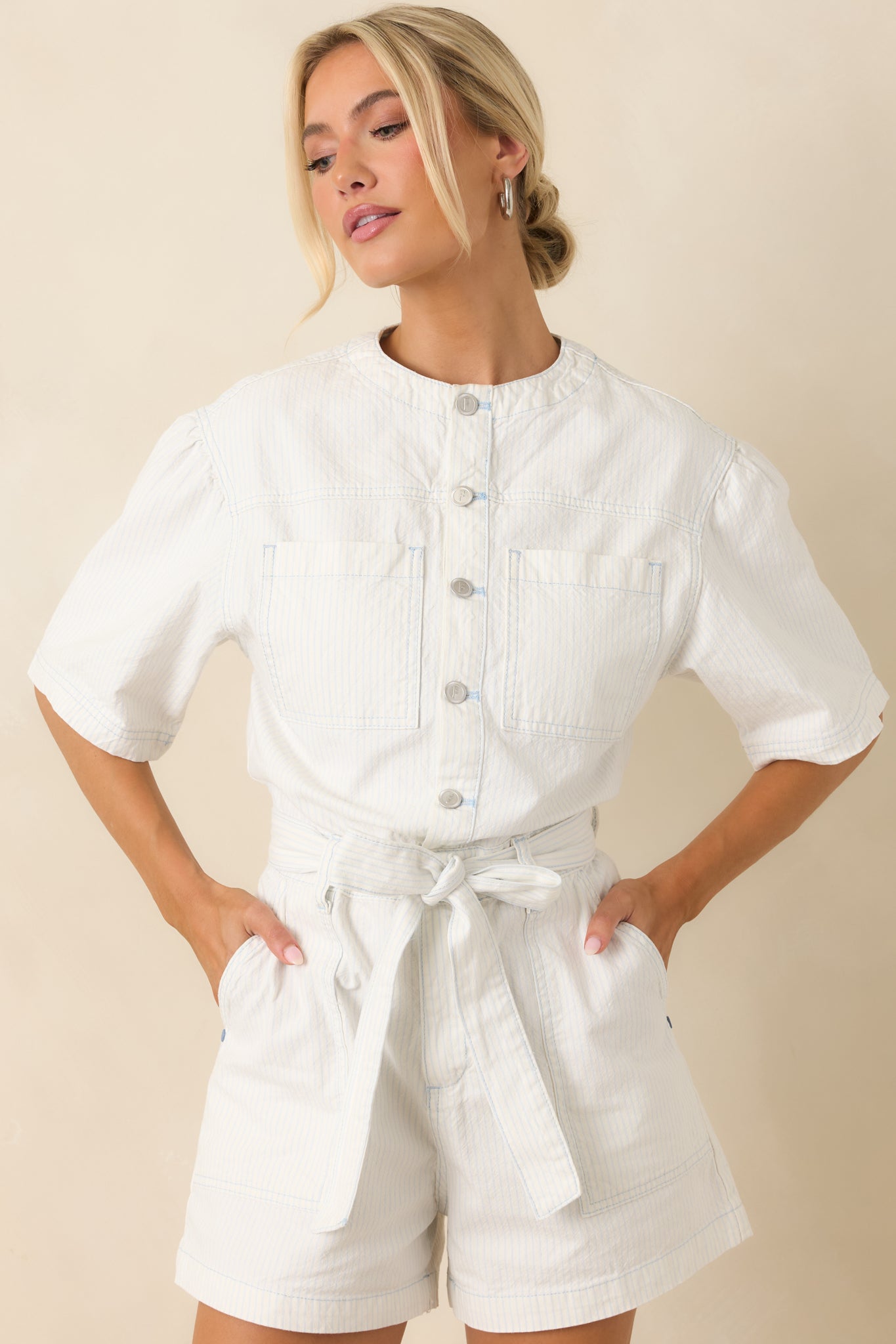 FRNCH Sirena Ivory & Sky Blue Stripe Playsuit