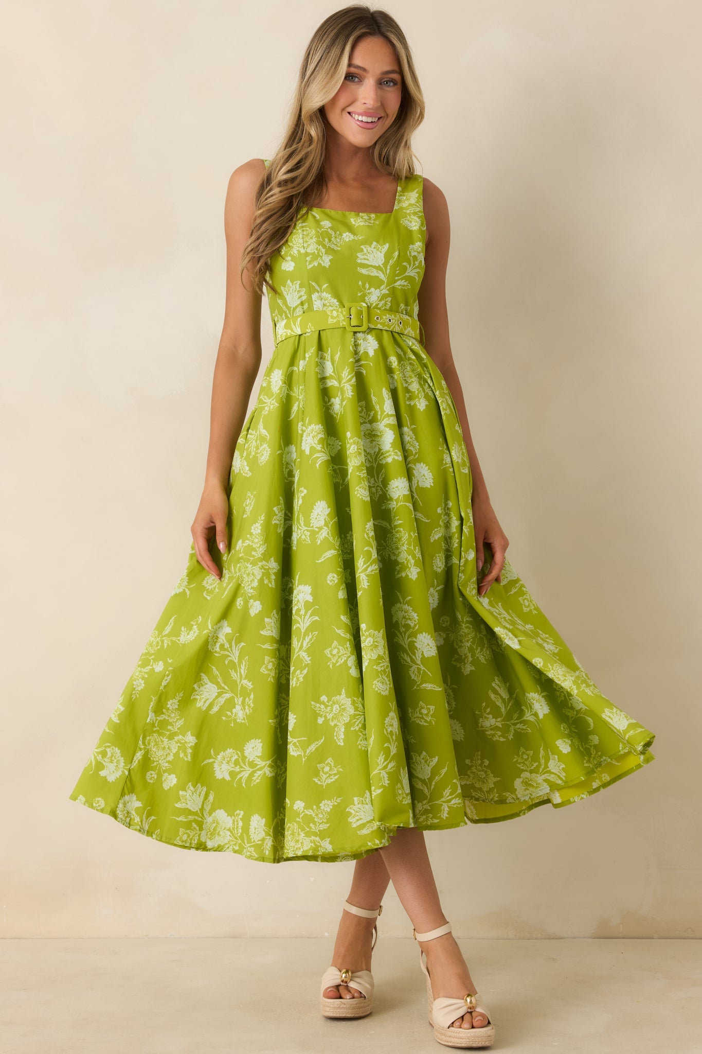 Fresh Air & Flowers Chartreuse Floral Cotton Midi Dress