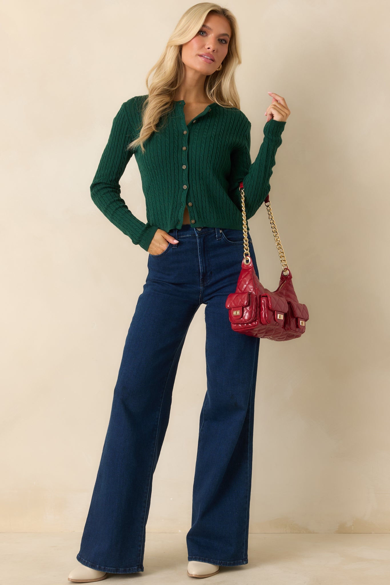 Easy to Admire Hunter Green Cotton Cable Knit Cardigan
