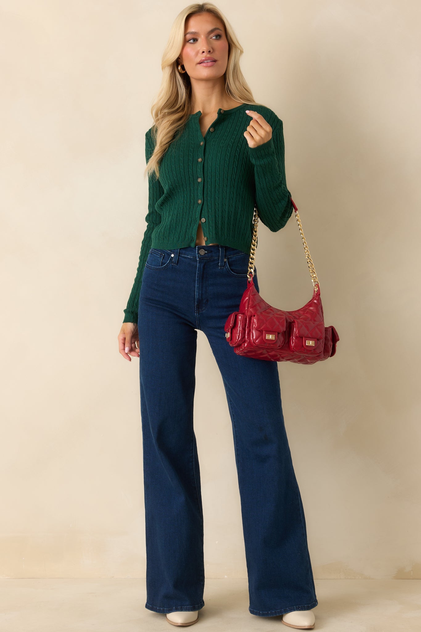 Easy to Admire Hunter Green Cotton Cable Knit Cardigan