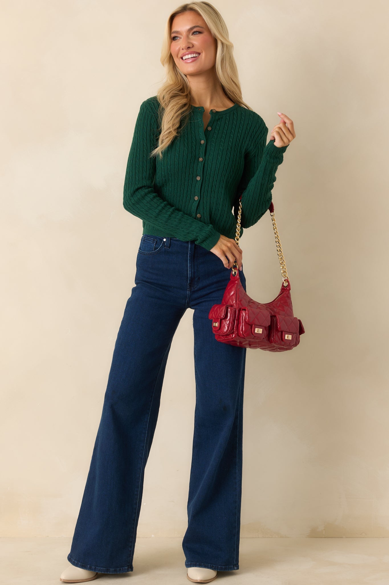 Easy to Admire Hunter Green Cotton Cable Knit Cardigan
