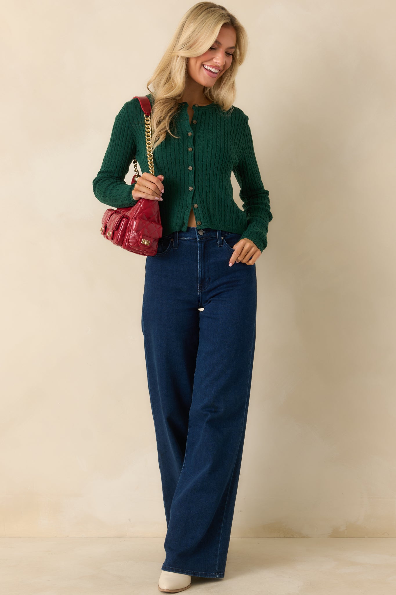 Easy to Admire Hunter Green Cotton Cable Knit Cardigan