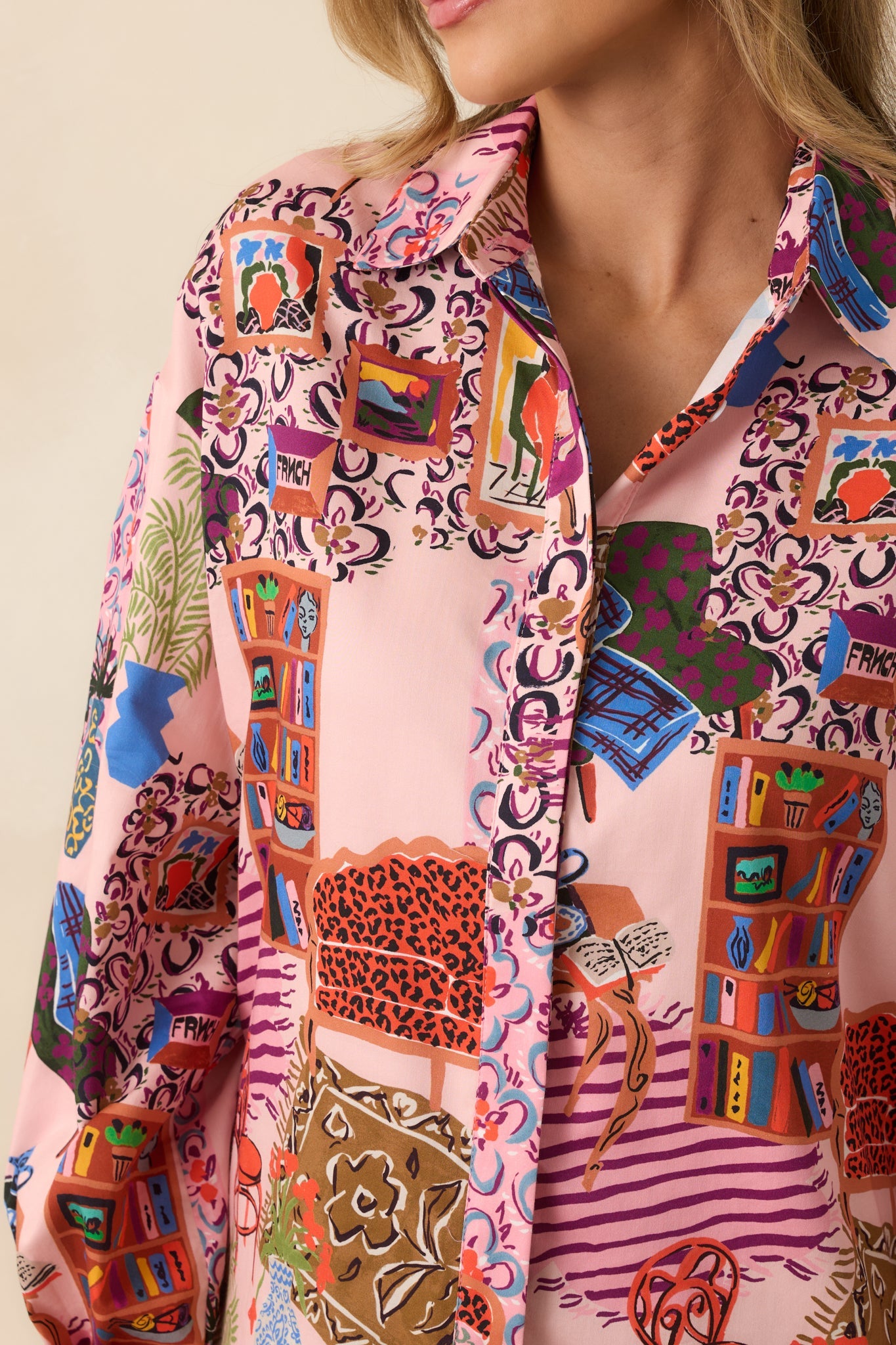 FRNCH Gerbera Pink Multi Salon Print Button Up Blouse