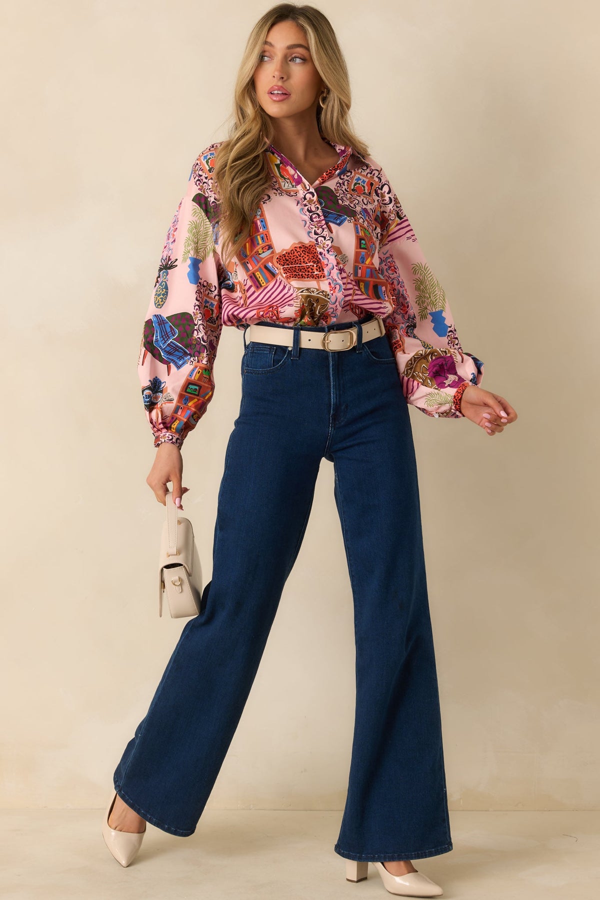 FRNCH Gerbera Pink Multi Salon Print Button Up Blouse