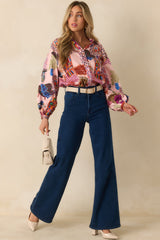 FRNCH Gerbera Pink Multi Salon Print Button Up Blouse