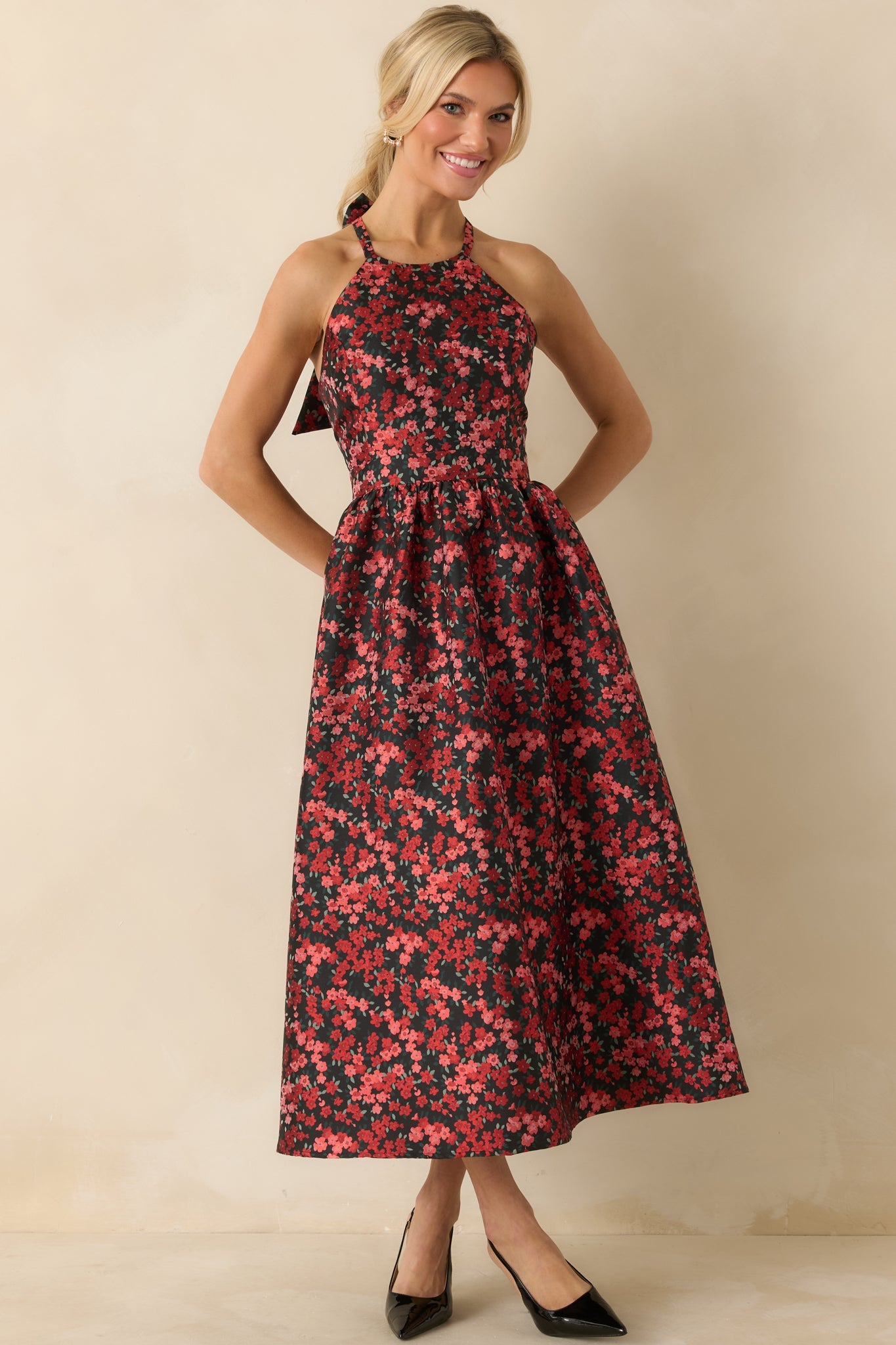 Worth Every Second Red Multi Floral Jacquard Halter Midi Dress