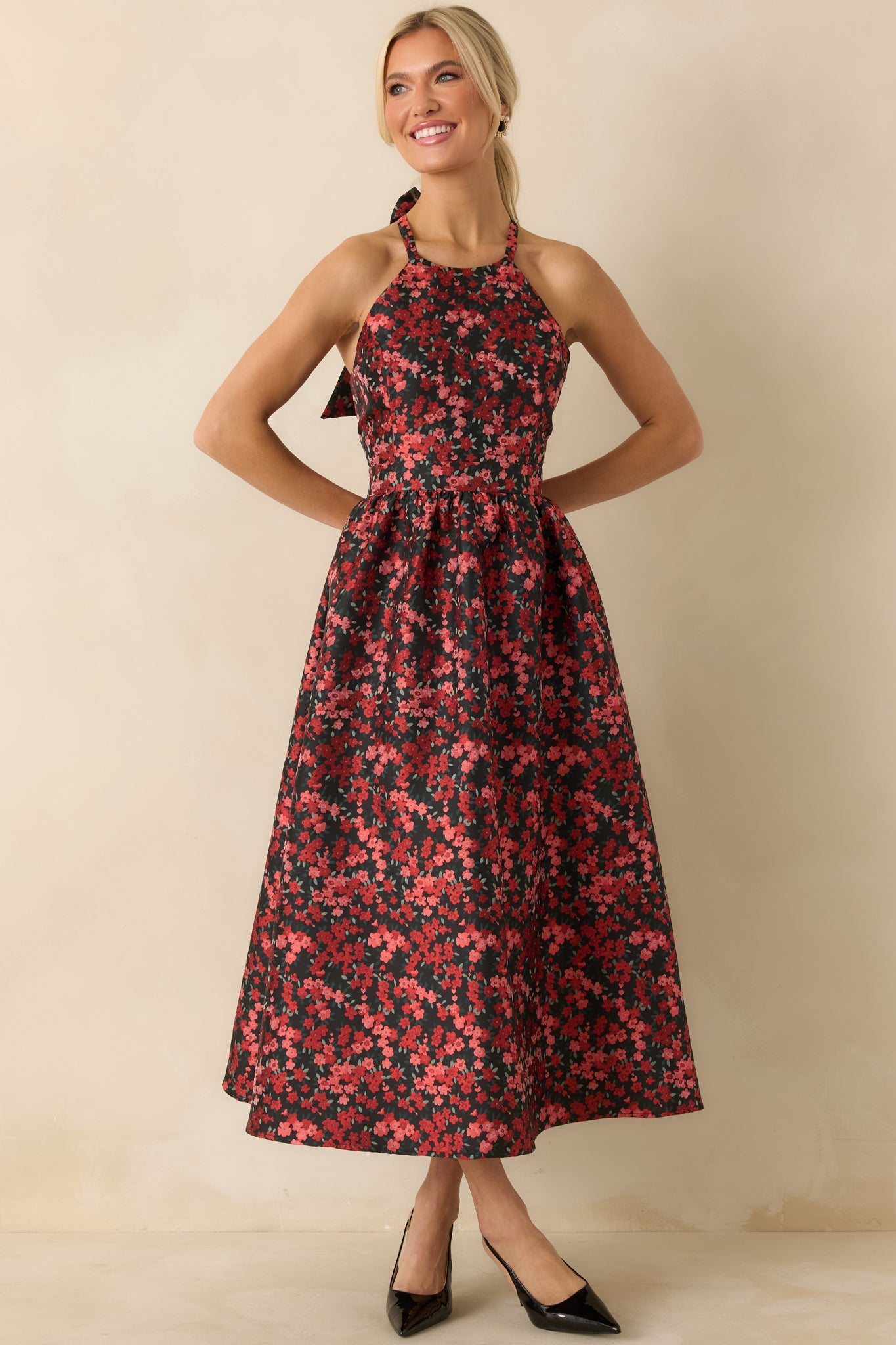 Worth Every Second Red Multi Floral Jacquard Halter Midi Dress