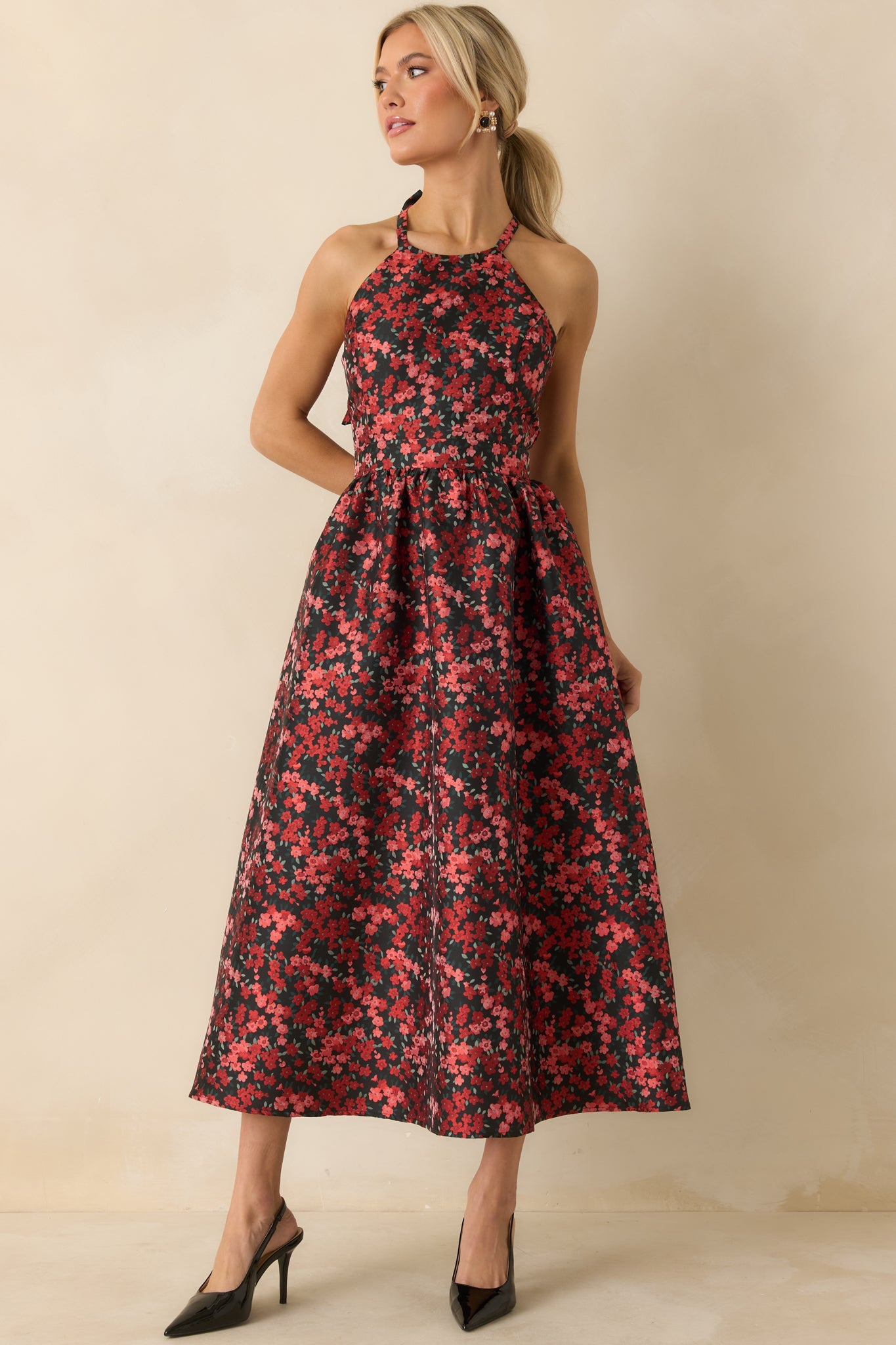 Worth Every Second Red Multi Floral Jacquard Halter Midi Dress