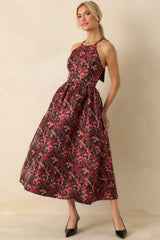 Worth Every Second Red Multi Floral Jacquard Halter Midi Dress