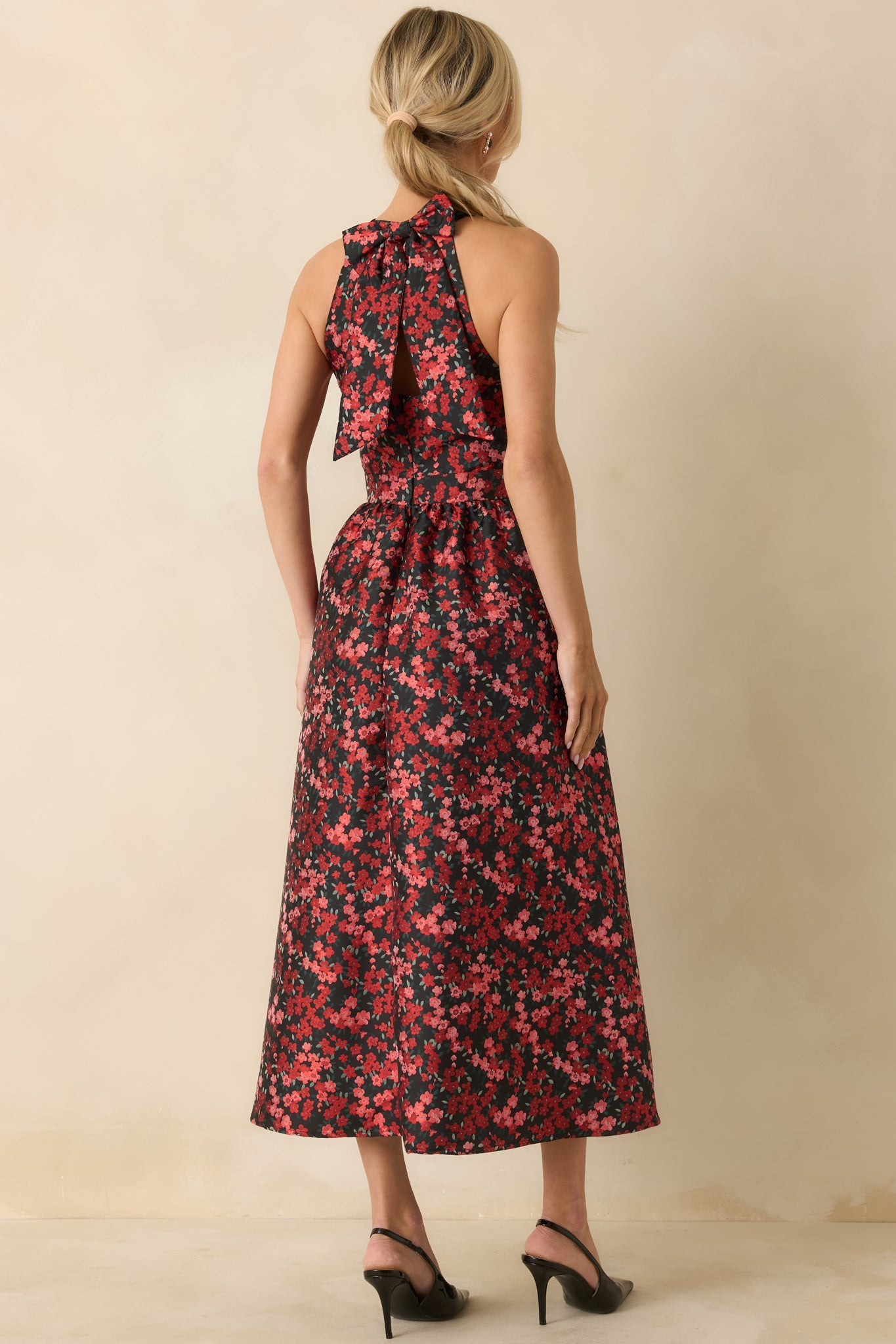 Worth Every Second Red Multi Floral Jacquard Halter Midi Dress