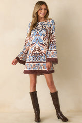 Don't Second Guess It Ivory Multi Print Satin Long Sleeve Mini Dress