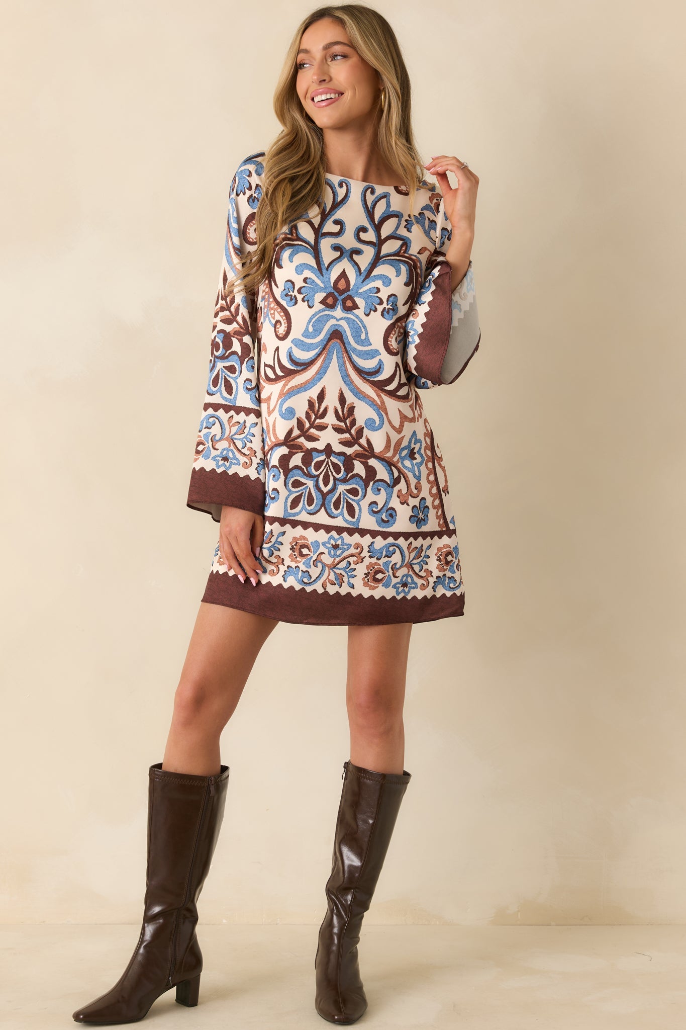 Don't Second Guess It Ivory Multi Print Satin Long Sleeve Mini Dress