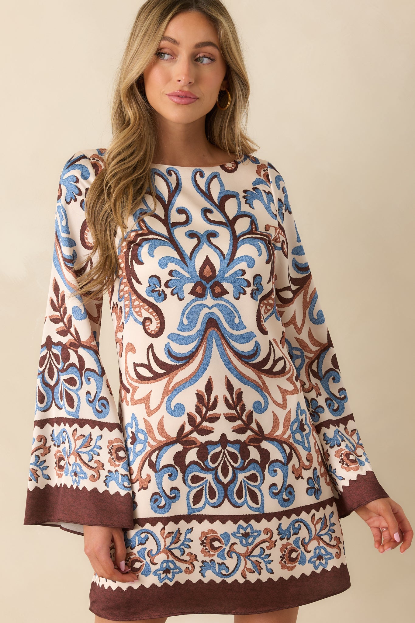 Don't Second Guess It Ivory Multi Print Satin Long Sleeve Mini Dress