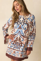 Don't Second Guess It Ivory Multi Print Satin Long Sleeve Mini Dress