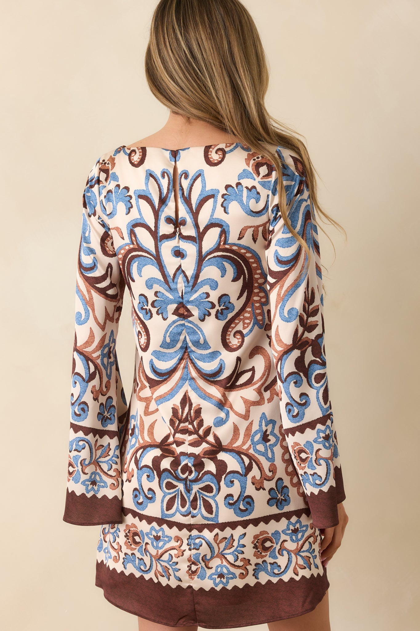 Don't Second Guess It Ivory Multi Print Satin Long Sleeve Mini Dress