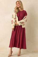 Faded Photographs Burgundy Chiffon Cap Sleeve Maxi Dress