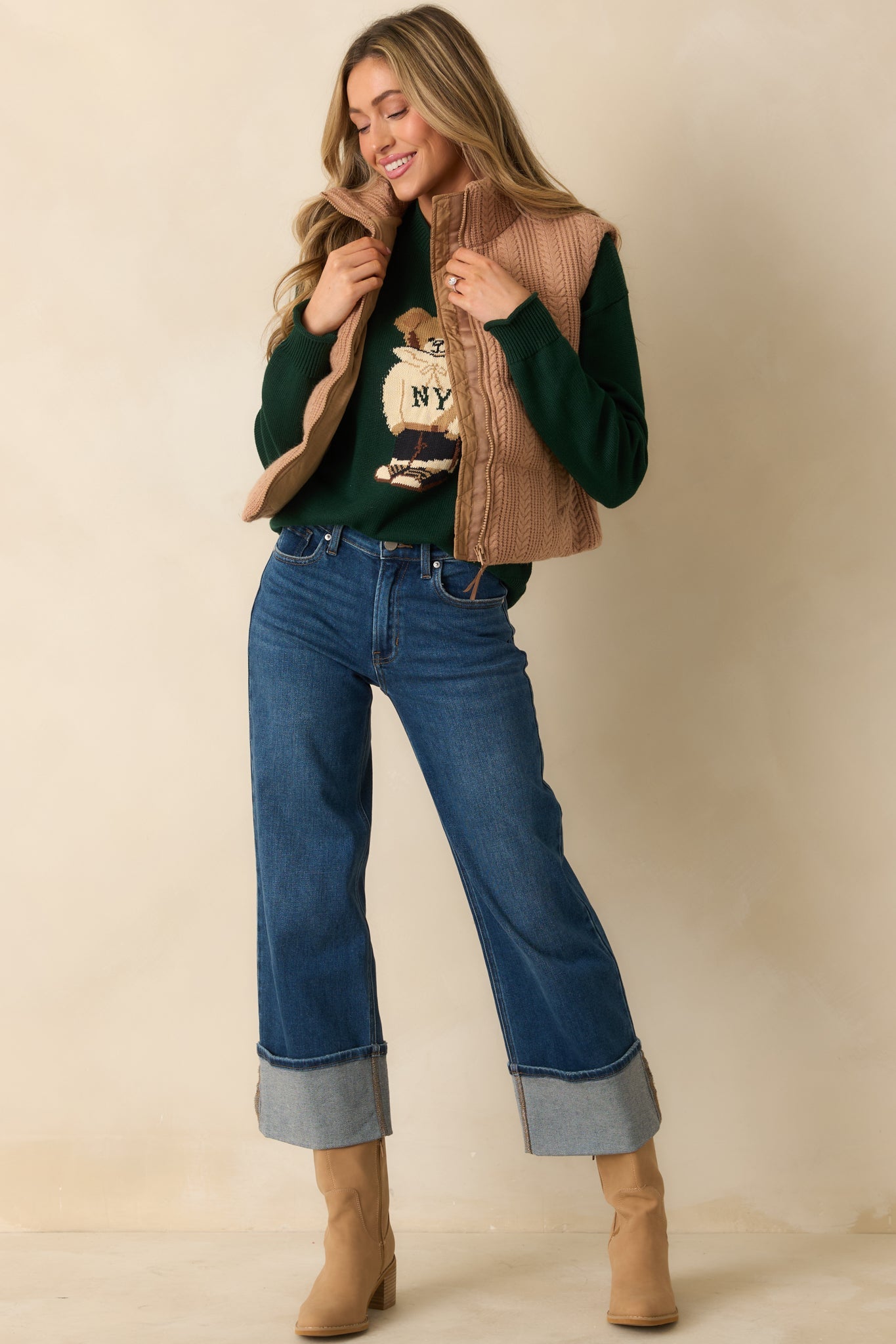 Don't Wait Around Hunter Green Teddy Bear Graphic Crewneck Sweater